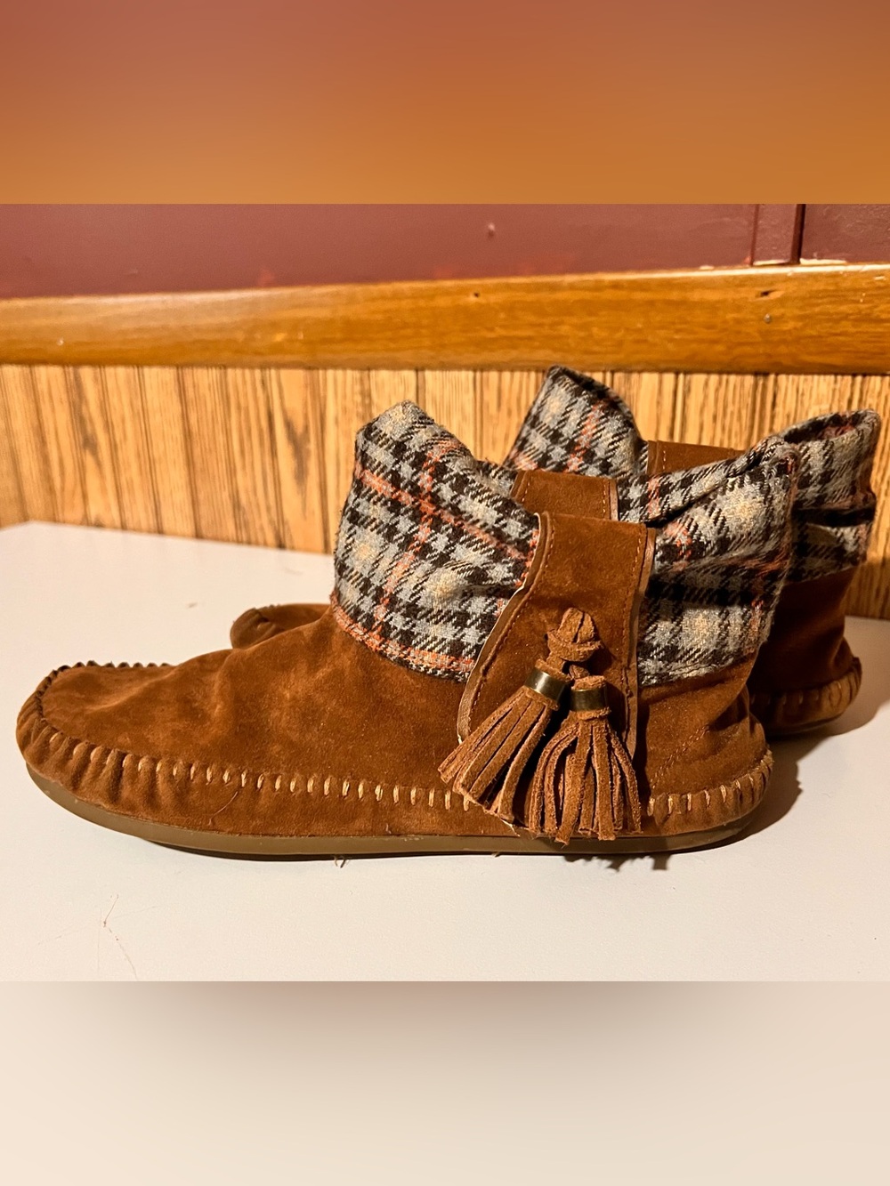 Rock & Candy Leather Moccasin Tassel Ankle Booties with Plaid Cuff - Brown